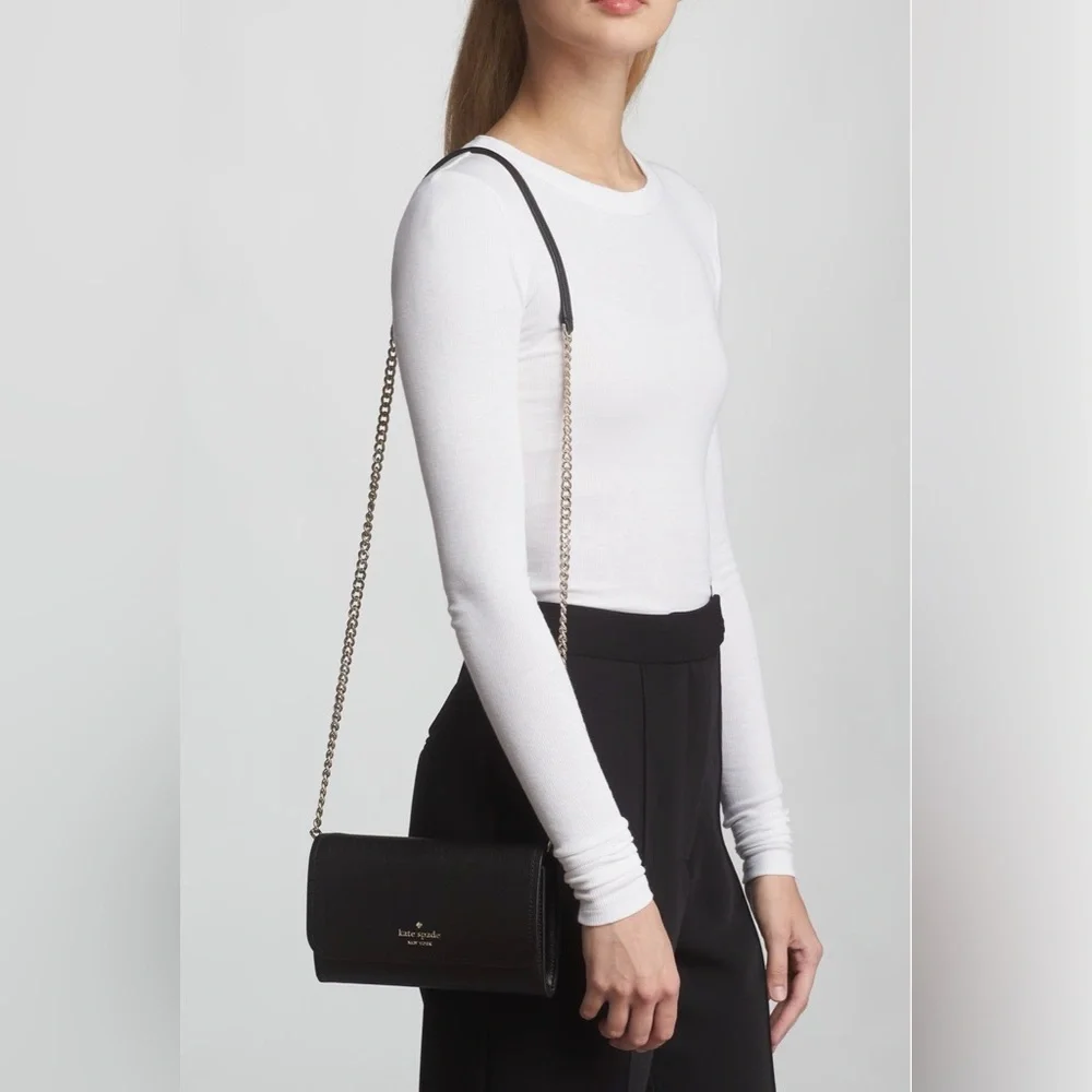 Kate‎ Spade Black Leather Chain Wallet with Cream Interior crossbody